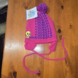 Tweety Bird Looney Tunes Kids Knit Hat Beanie Vintage Y2K Deadstock Purple Pink